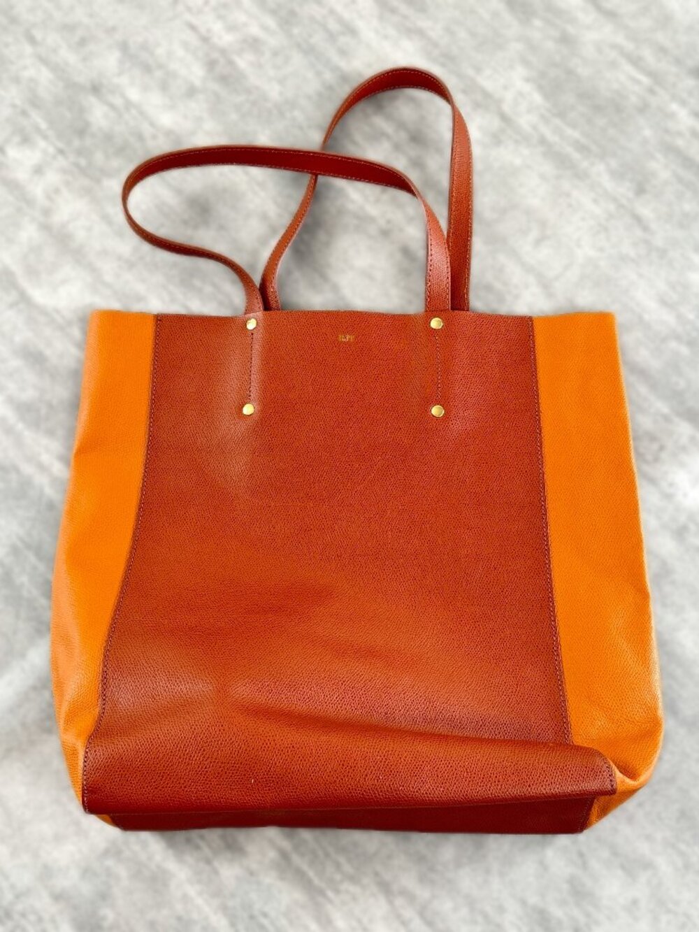 Mark and Graham Leather Colorblock Tote Bag Monogram RJT Brown Tan Made in Italy